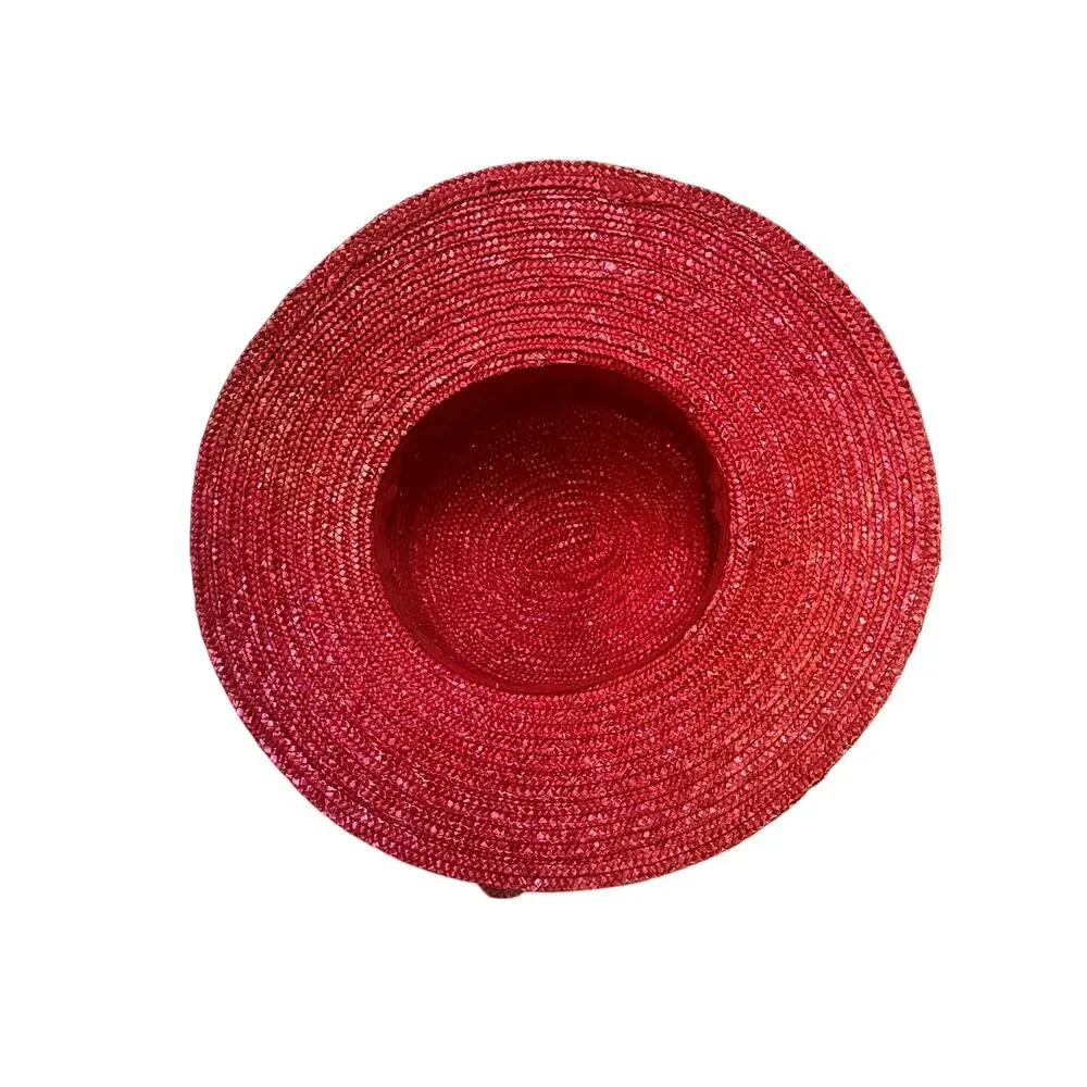 Bright Red Women's Derby Wide Brim Straw Embellished Hat Satin Band Fabric Rose - Picture 6 of 8